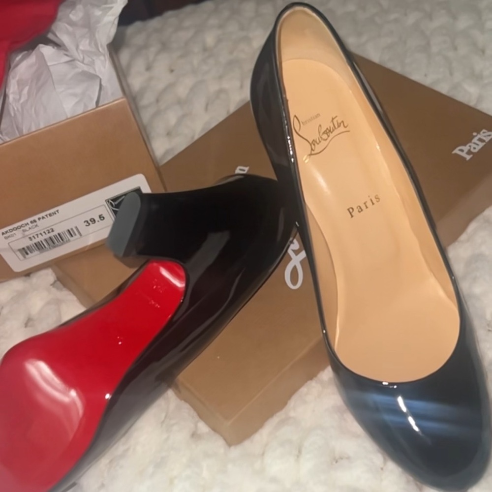 New! Christian Louboutin AKDOOCH 85 Patent Carved Wedge Heels Black